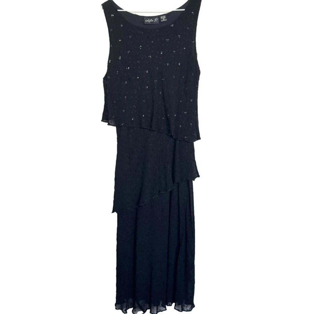 Lola P. Black Beaded Tiered Sleeveless Midi Dress L | Formal Cocktail Party Rayo